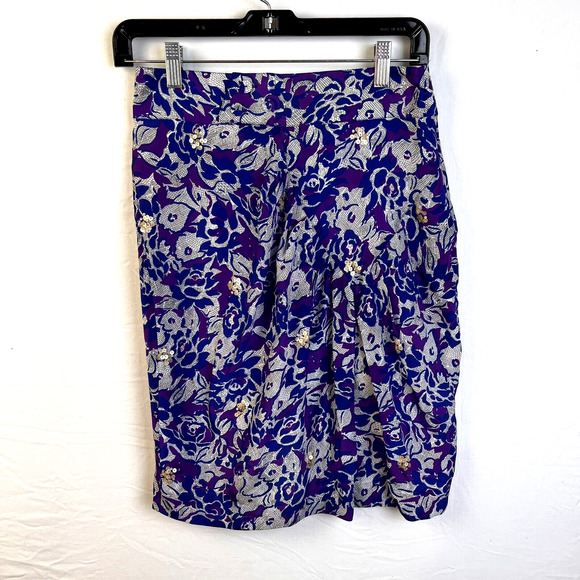 Anthropologie Fei Silk Skirt Women's 2 Purple Blue Floral Sequins Gathered Party - Picture 1 of 14